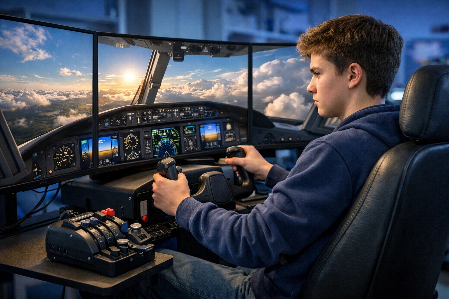 High school student operating a flight simulator representing immersive education through simulation programs.