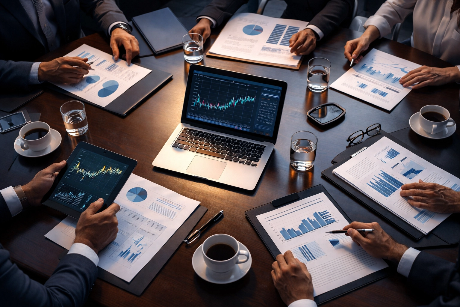 Overhead photo of business professionals collaborating on alternative investment portfolio decisions in an institutional setting