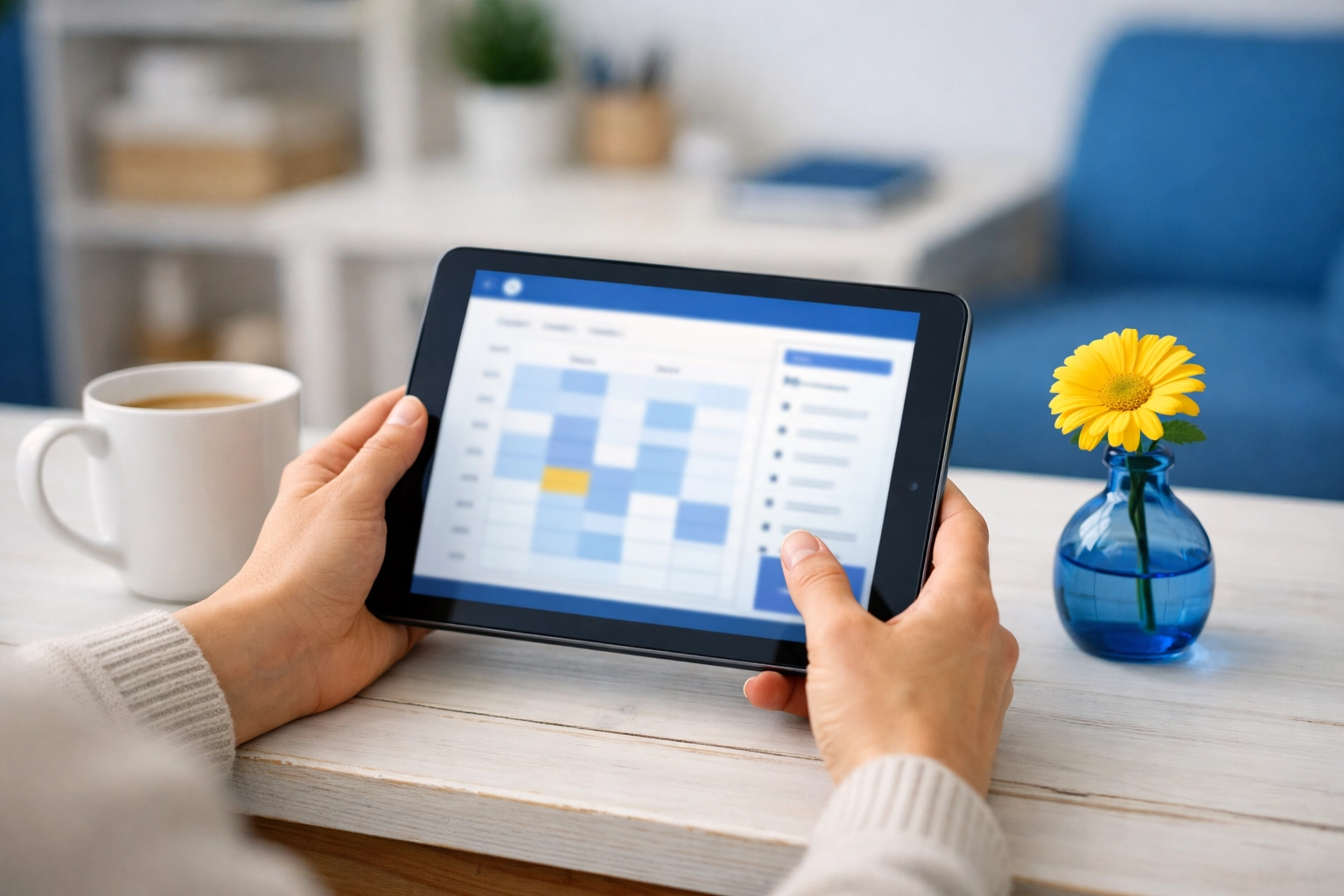 Booking a professional deep cleaning service in Marlborough on a tablet in a clean home office setting.