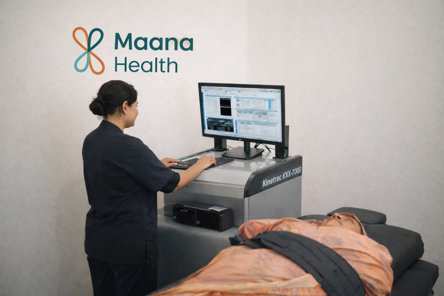 A patient receiving advanced spinal decompression therapy on the Kinetra KNX-7000 machine, monitored by a specialist to ensure precise, non-surgical treatment for chronic back pain.