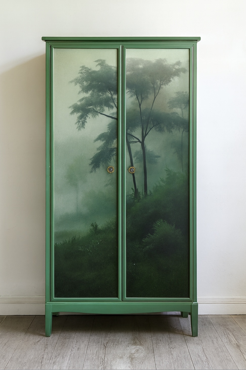 Bespoke armoire with hand-painted misty forest scene