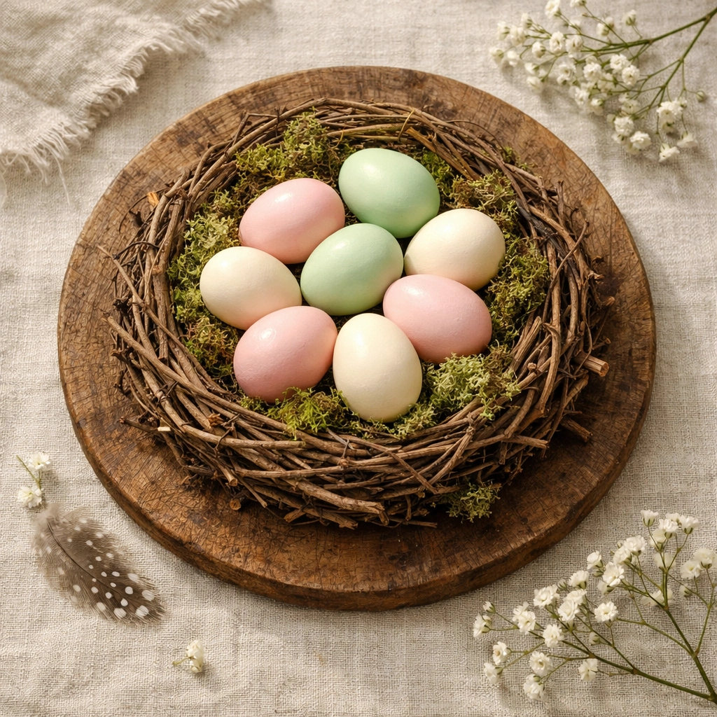 DIY Easter nest centerpiece with pastel eggs on wooden charger plate for spring table decor