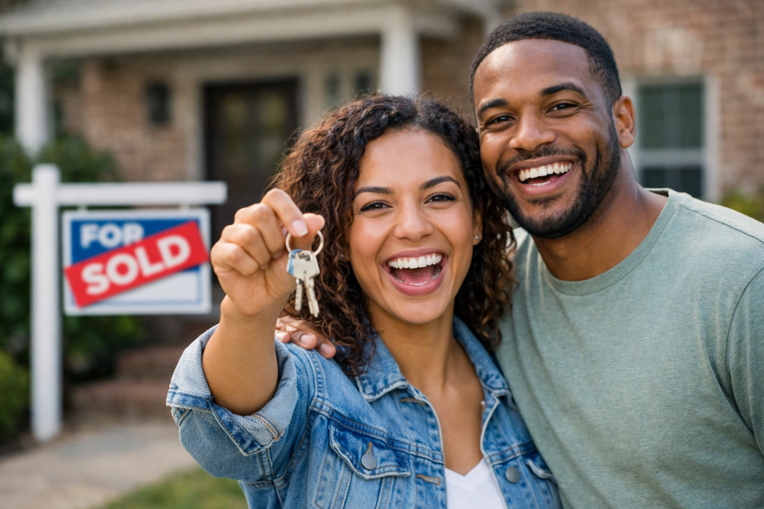 Excited first-time home buyers holding keys in front of their new San Antonio house with a sold sign.