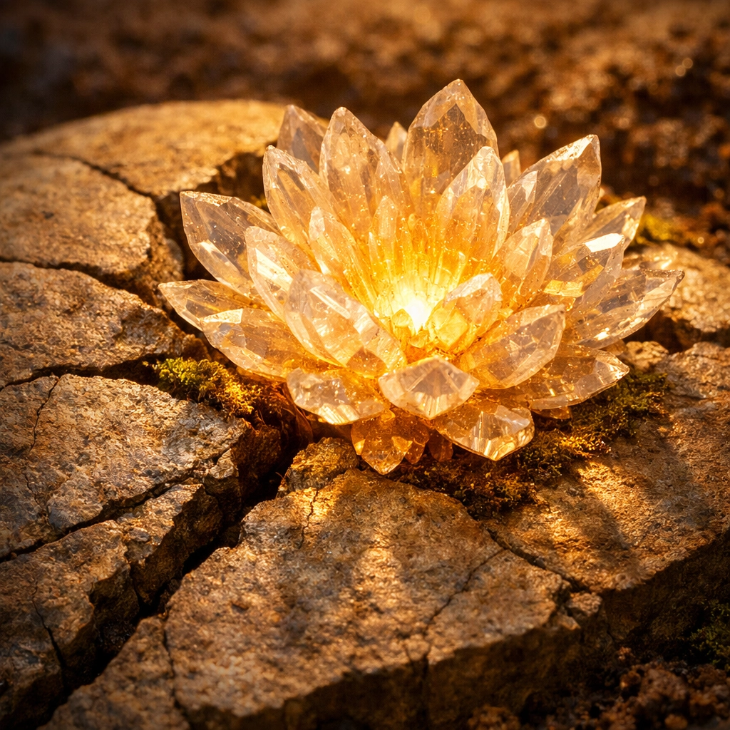 A radiant flower blooming from a cracked stone symbolizing emotional healing and personal growth.