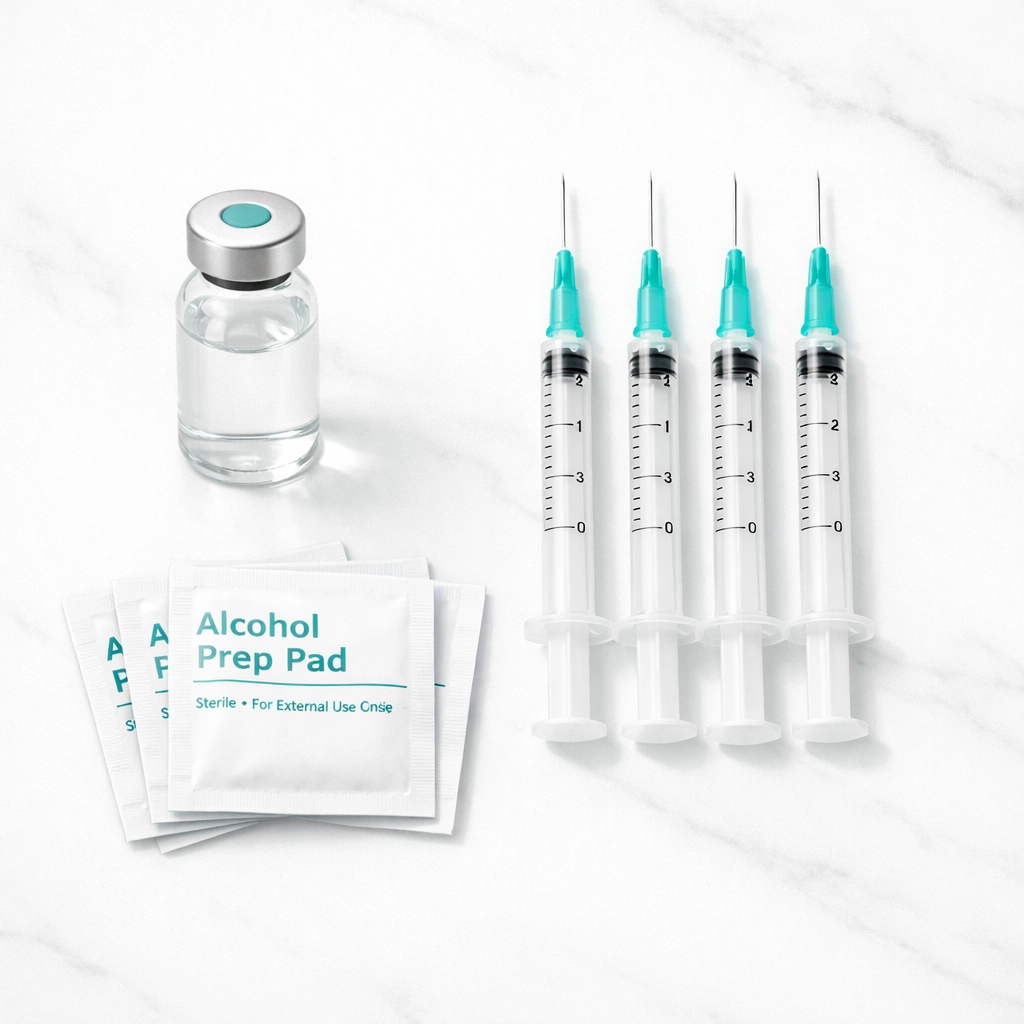 Compounded tirzepatide home delivery kit including medication vial and injection supplies.