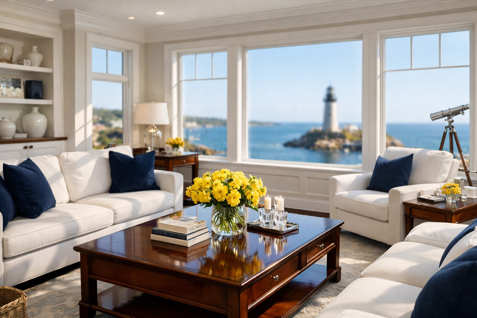 Spotless luxury living room after residential cleaning in Marblehead with ocean views.