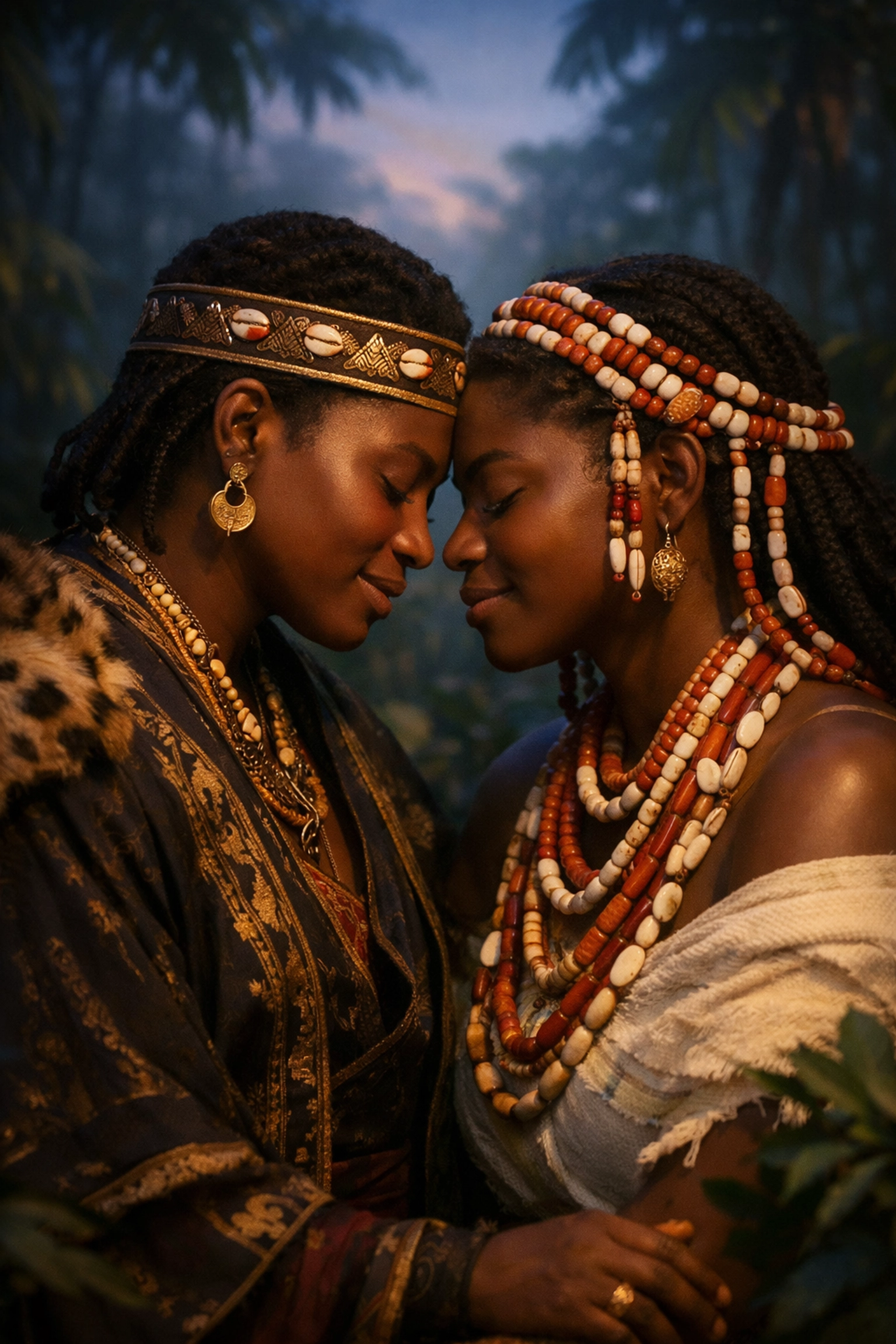 Two women in traditional Angolan clothing sharing a moment of quiet intimacy and historical LGBTQ+ connection.