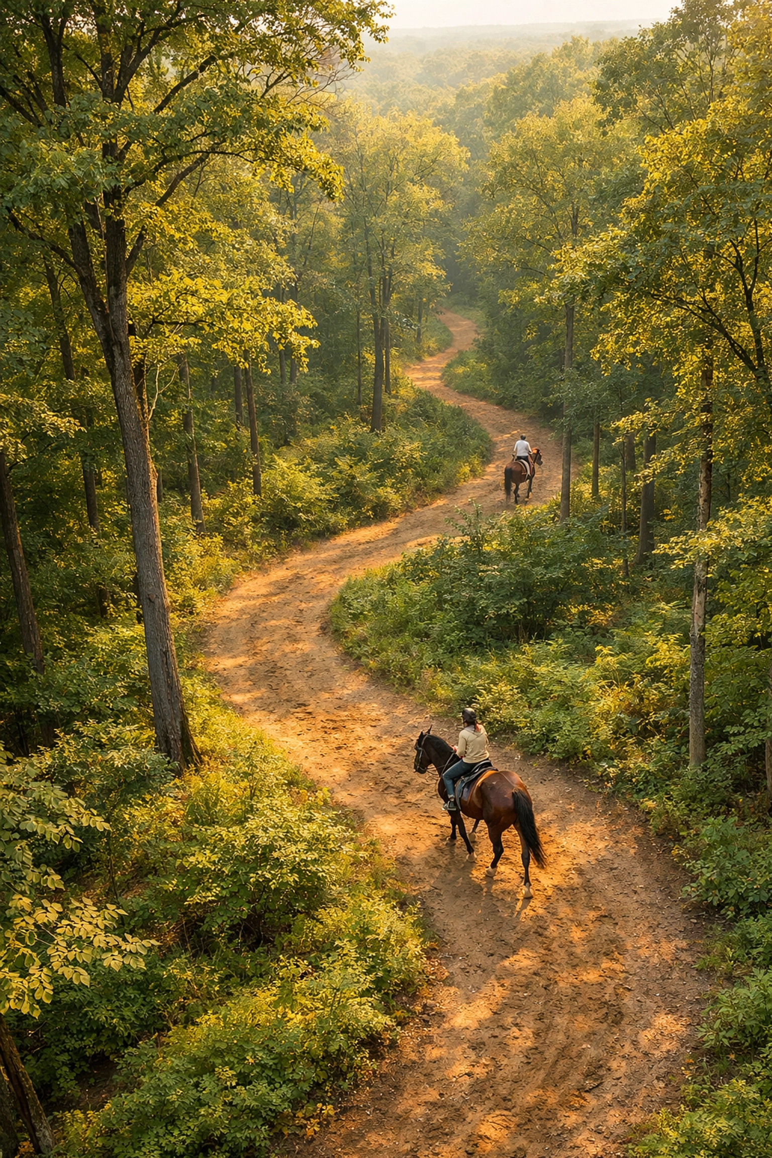 Aerial view of equestrian trail winding through hardwood forest near Charlotte NC