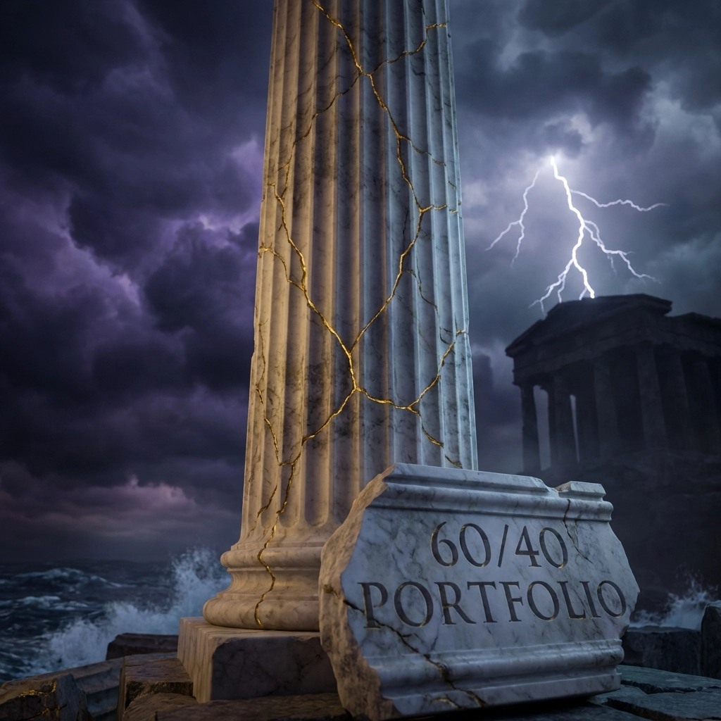 Crumbling Greek column in stormy sky illustrating the decline of traditional 60/40 portfolio diversification.