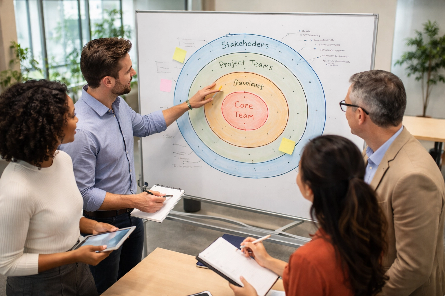 Diverse team collaborating around a whiteboard with governance layers diagram, showing SnowGeek's ServiceNow governance framework in action.