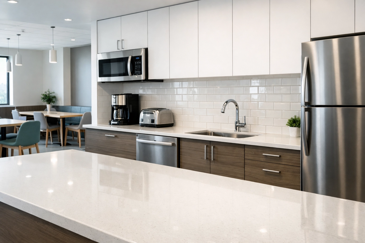 A spotless sanitized office breakroom and kitchenette maintained by professional cleaning service providers.