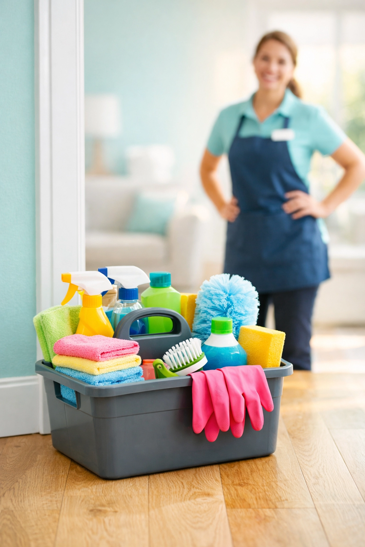 Organized professional cleaning caddy and staff ready for a reliable Cedar Falls home cleaning.