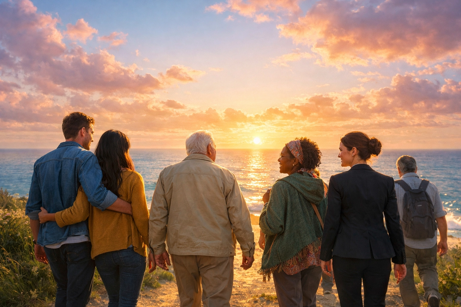 A diverse group of people walking along a coastal beach at dawn, representing a global faith community.