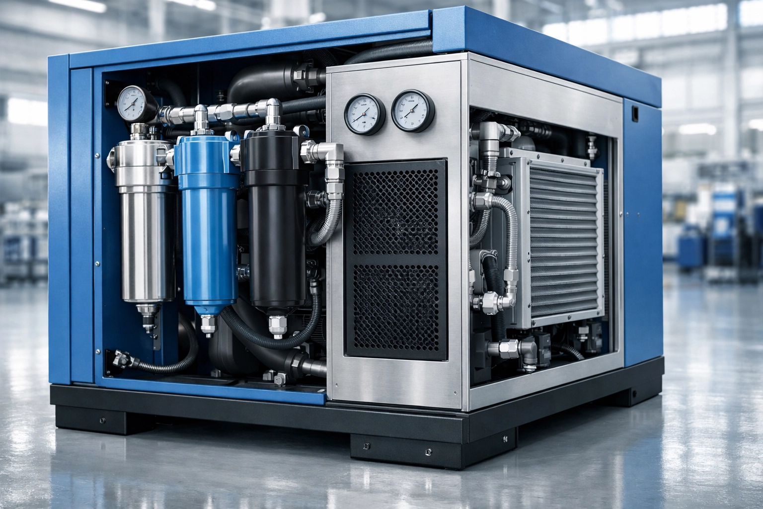 Industrial screw air compressor with integrated air dryer and filtration for high-precision fiber laser cutting.