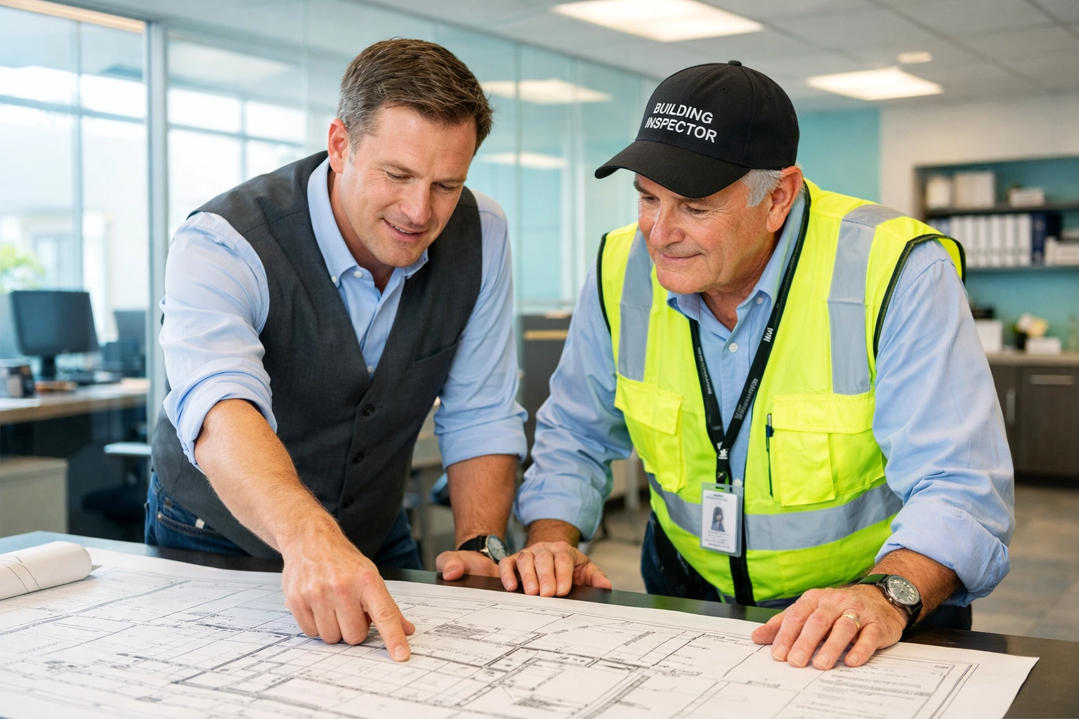 A permit expeditor and building official review architectural plans to ensure Florida building code compliance.