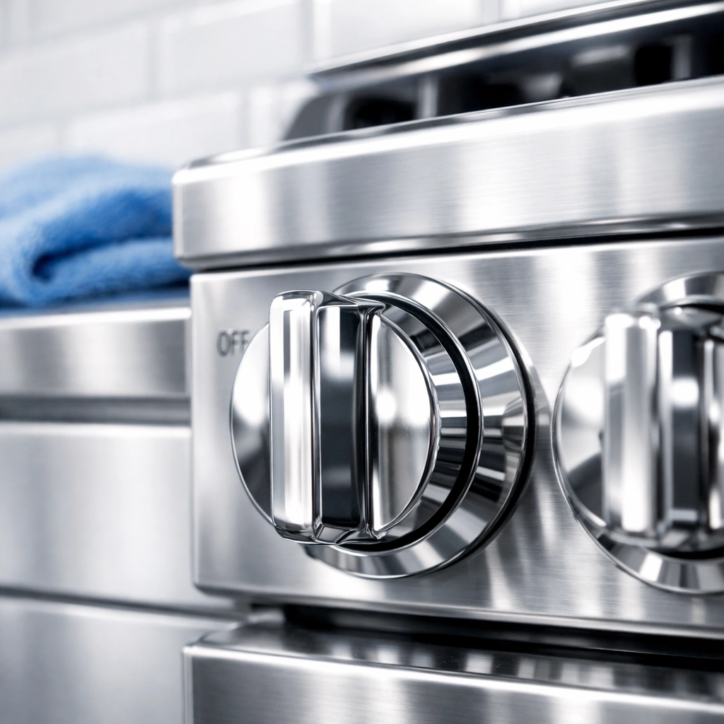 Detail of a polished stainless steel kitchen range highlighting meticulous residential cleaning Massachusetts.