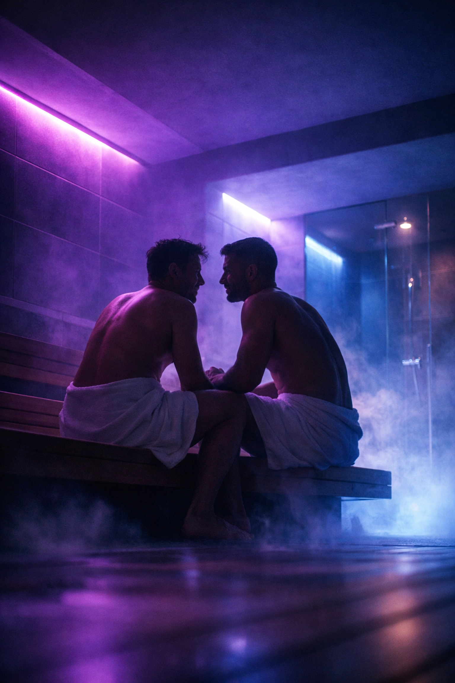 Modern gay sauna interior in Budapest with two men relaxing in steamy atmosphere