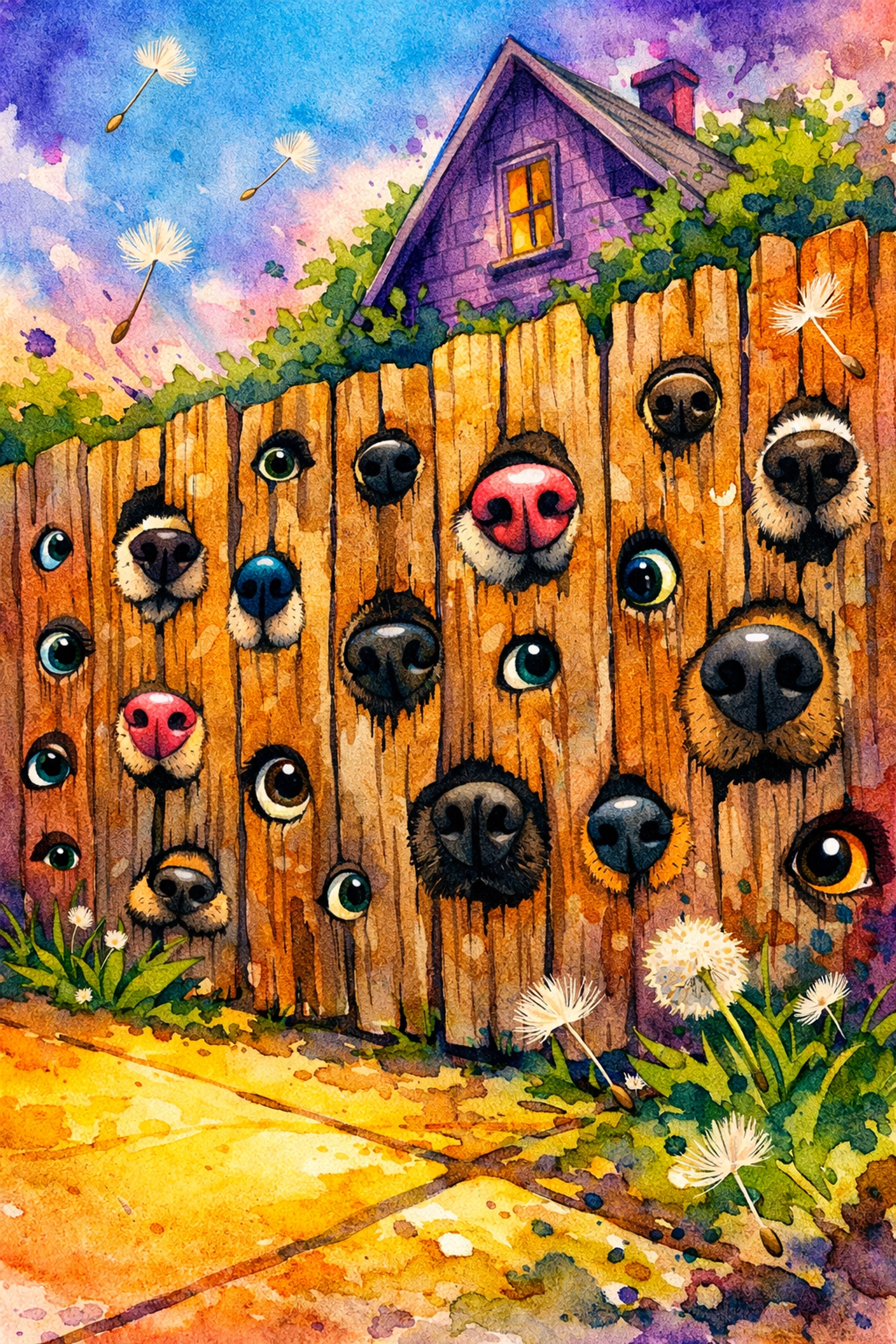 Artistic scene of dog noses peeking through a wooden fence, representing hidden signs of a dog hoarding situation.
