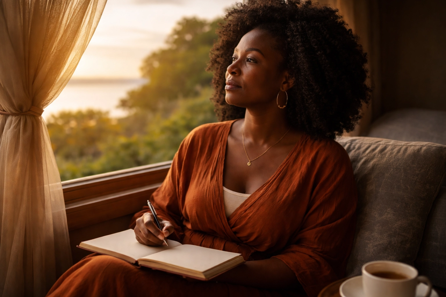 Nigerian woman reflecting beside a window with a blank journal, enjoying peaceful solo travel and self-discovery.