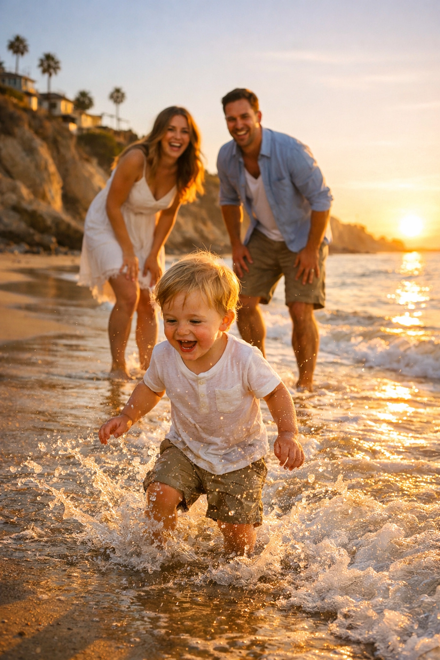Family playing in the ocean surf at Laguna Beach, California during a golden hour sunset.