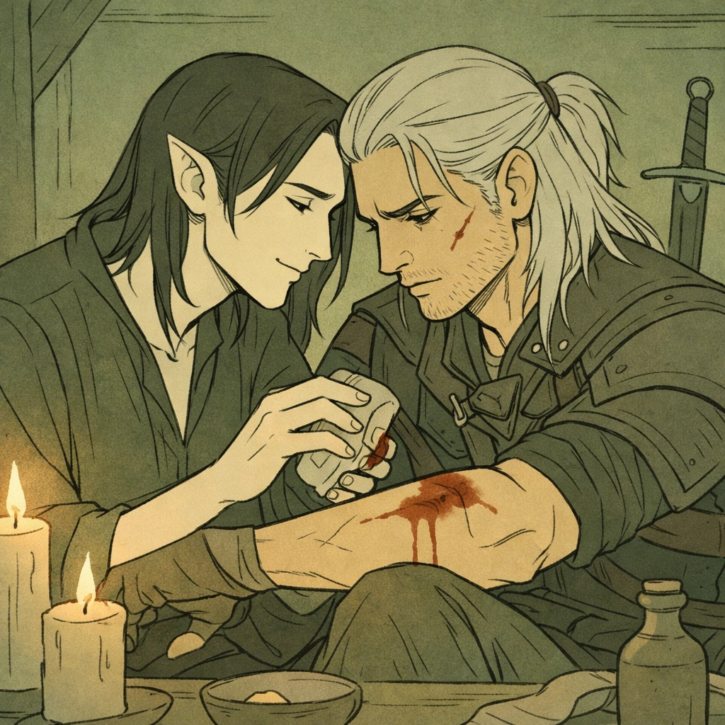 Intimate gay romance moment - vampire tending witcher's wounds in MM fantasy relationship