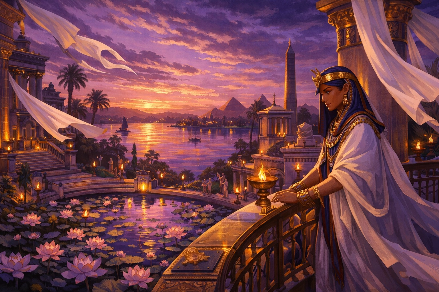 Pharaoh on palace balcony overlooking Nile before arranged wedding - forbidden gay romance Ancient Egypt