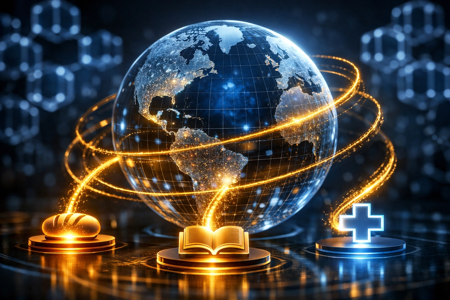 Blockchain transaction fees fueling global social impact through food, education, and healthcare icons.