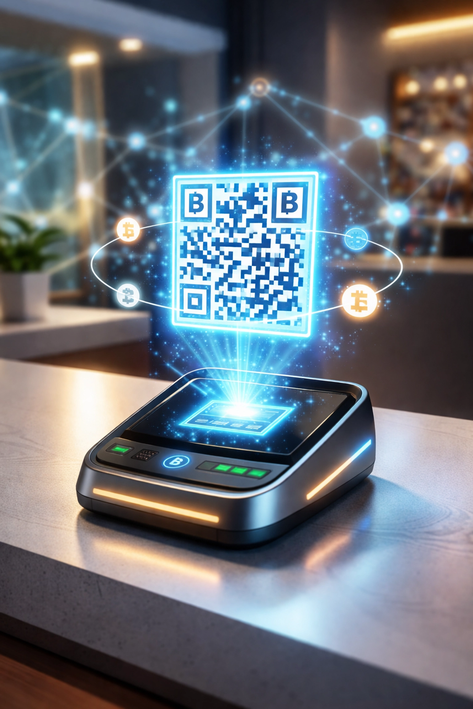 Futuristic crypto payment terminal with QR code showing instant, hardware-free payments for small businesses