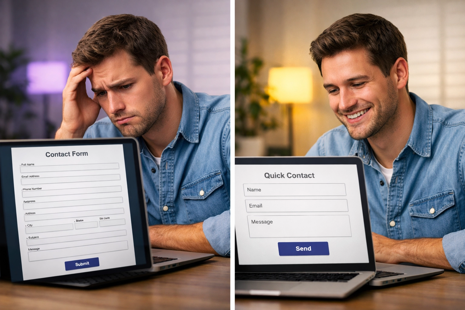 Before and after comparison of long versus short website contact form
