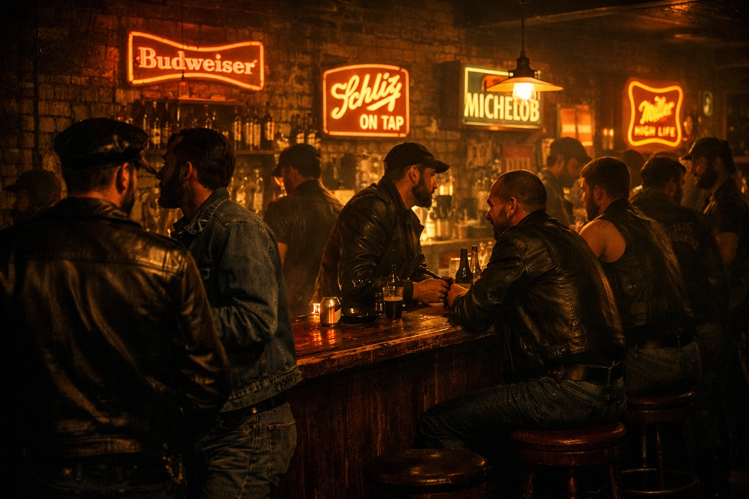 1970s gay leather bar with men gathering, representing pre-AIDS crisis queer liberation spaces