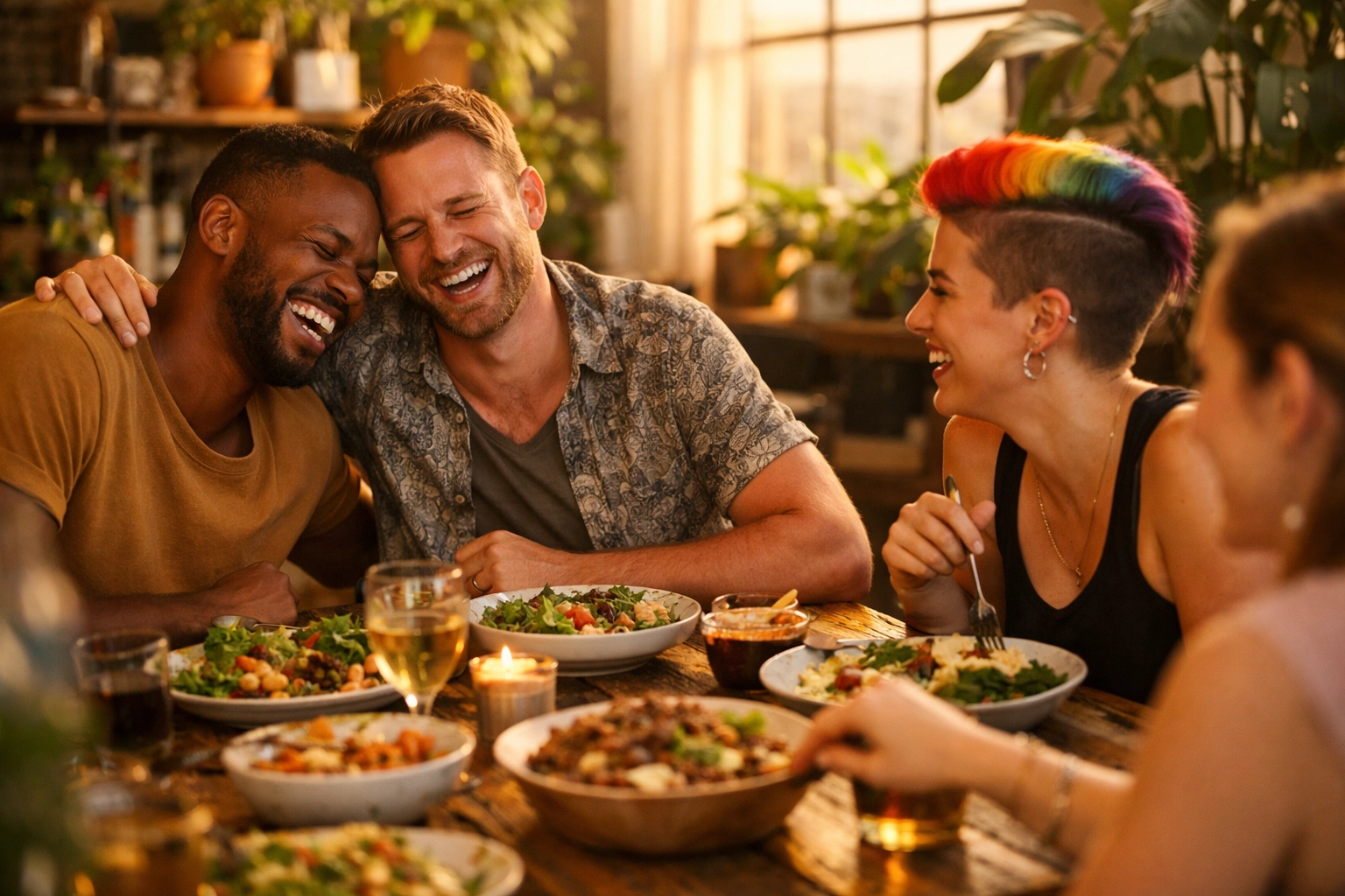 Diverse LGBTQ+ friends laughing and sharing a meal, illustrating the power of a supportive chosen family.
