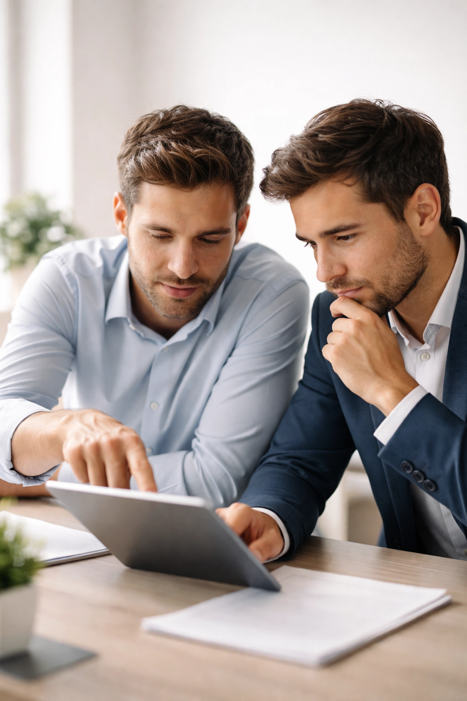 Two businesspeople sharing market insights over a tablet at a modern workspace, emphasizing networking value