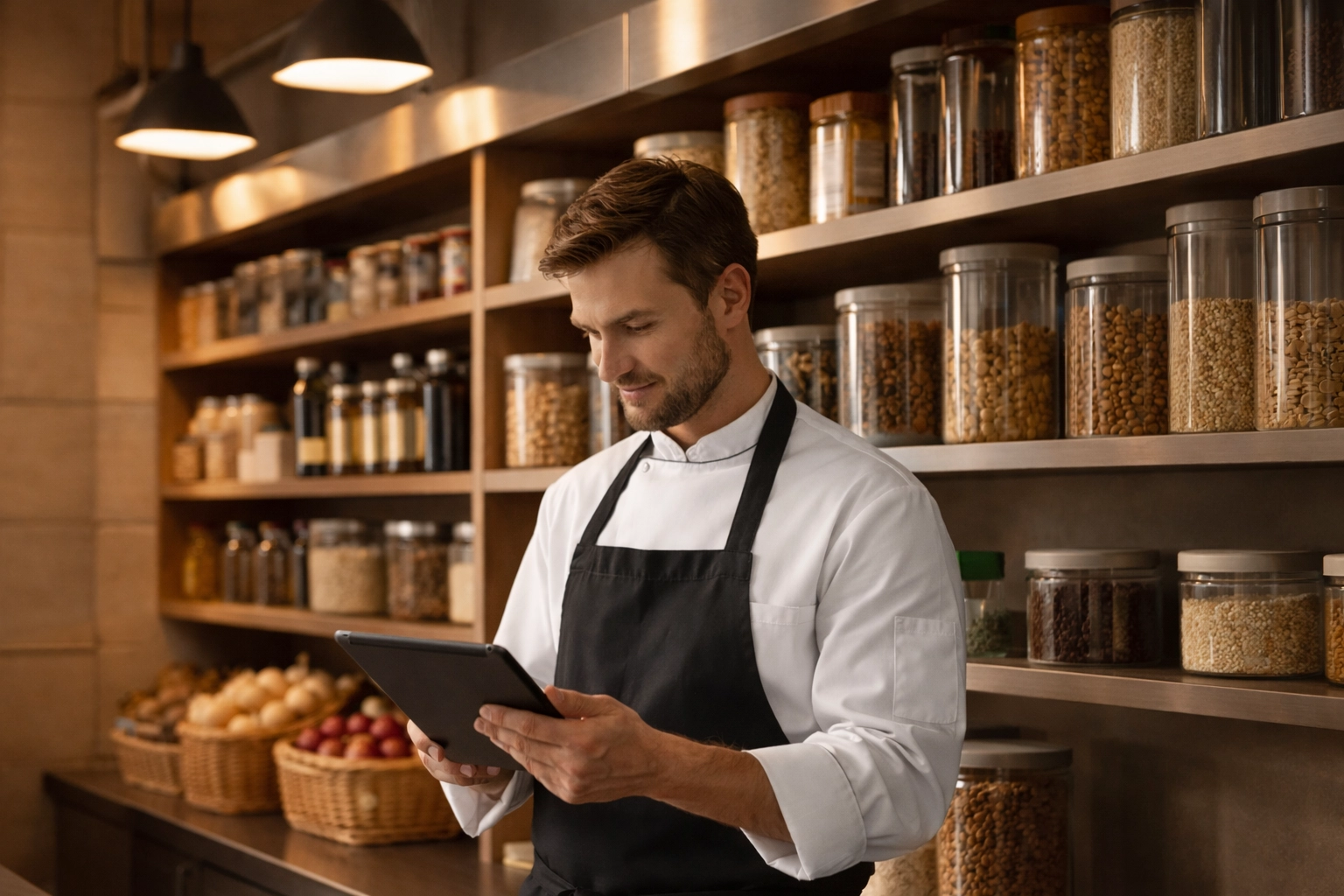 Restaurant manager conducting inventory count with tablet in organized kitchen storage area