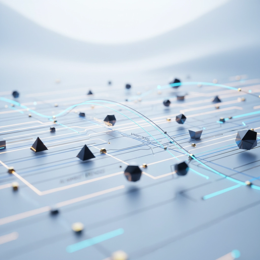 Futuristic circuit board with black geometric structures and glowing blue lines on a sleek, light surface. Techy, modern atmosphere.