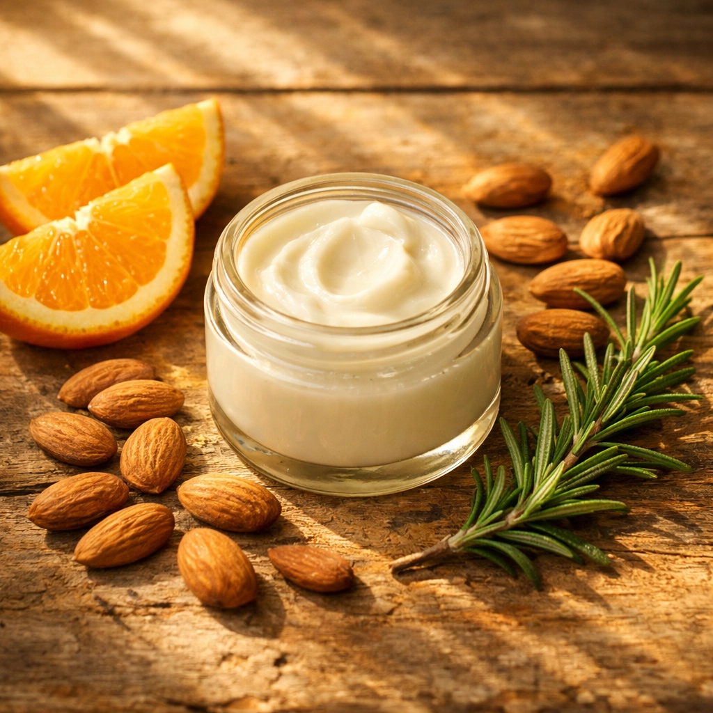 Grass-fed tallow balm jar surrounded by vitamin-rich natural ingredients like oranges and almonds