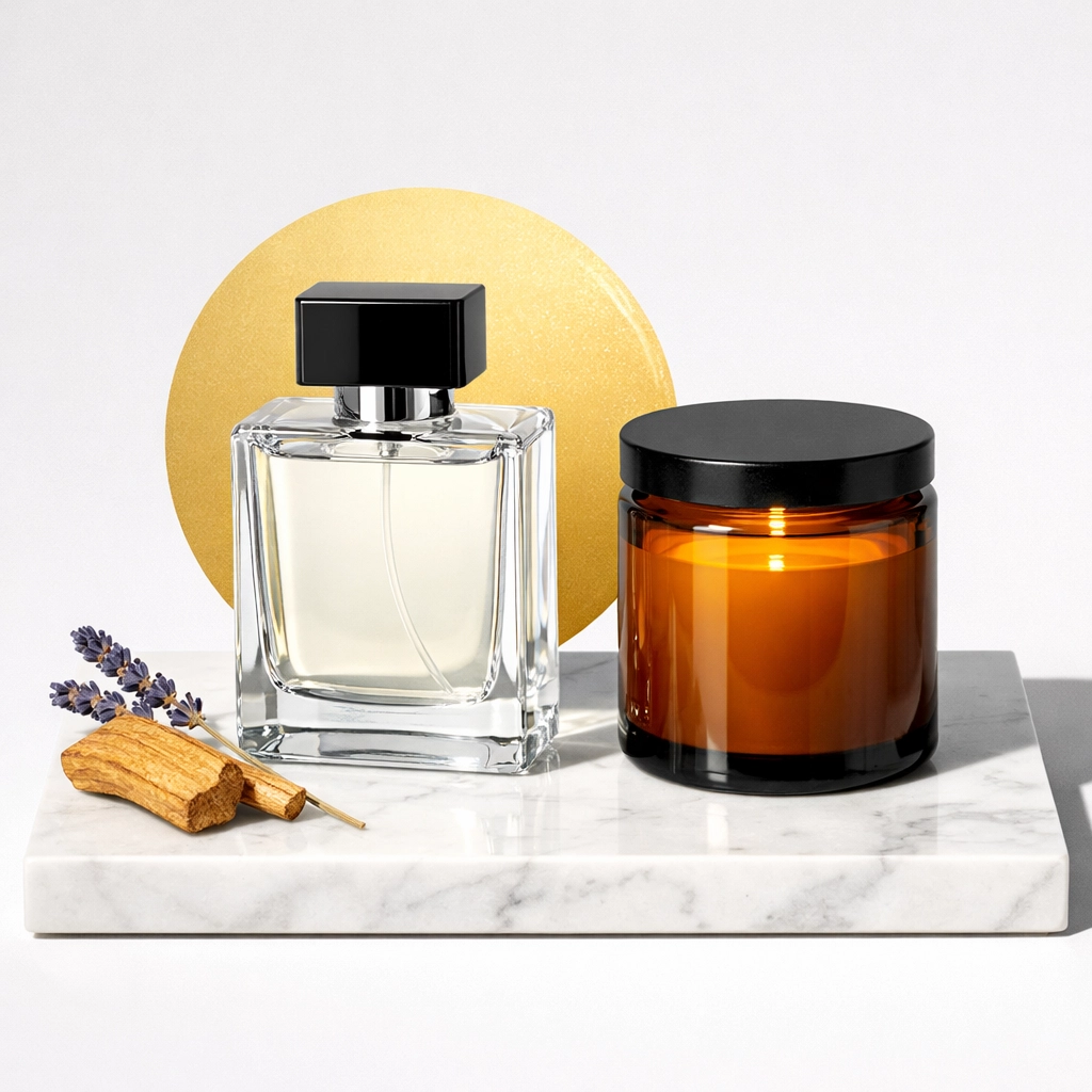 Luxury Pecksniff's perfume bottle and amber candle with natural sandalwood and lavender.