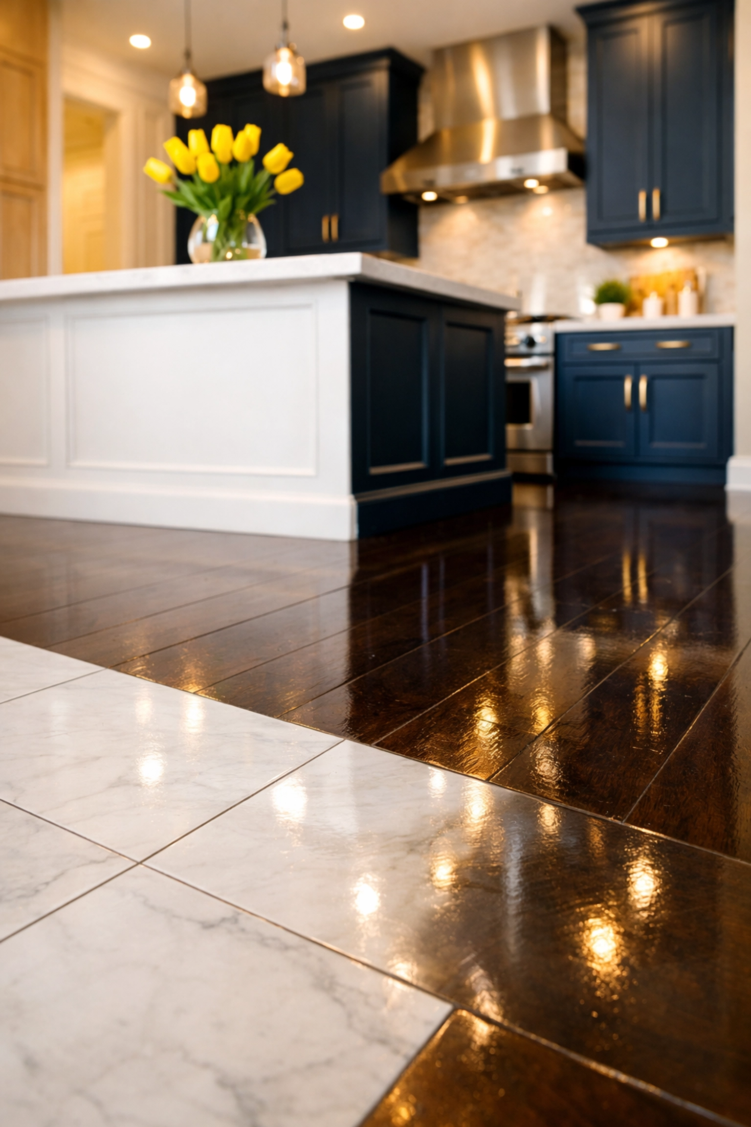Polished hardwood and marble floors in a luxury Sudbury kitchen showcasing professional deep cleaning results.