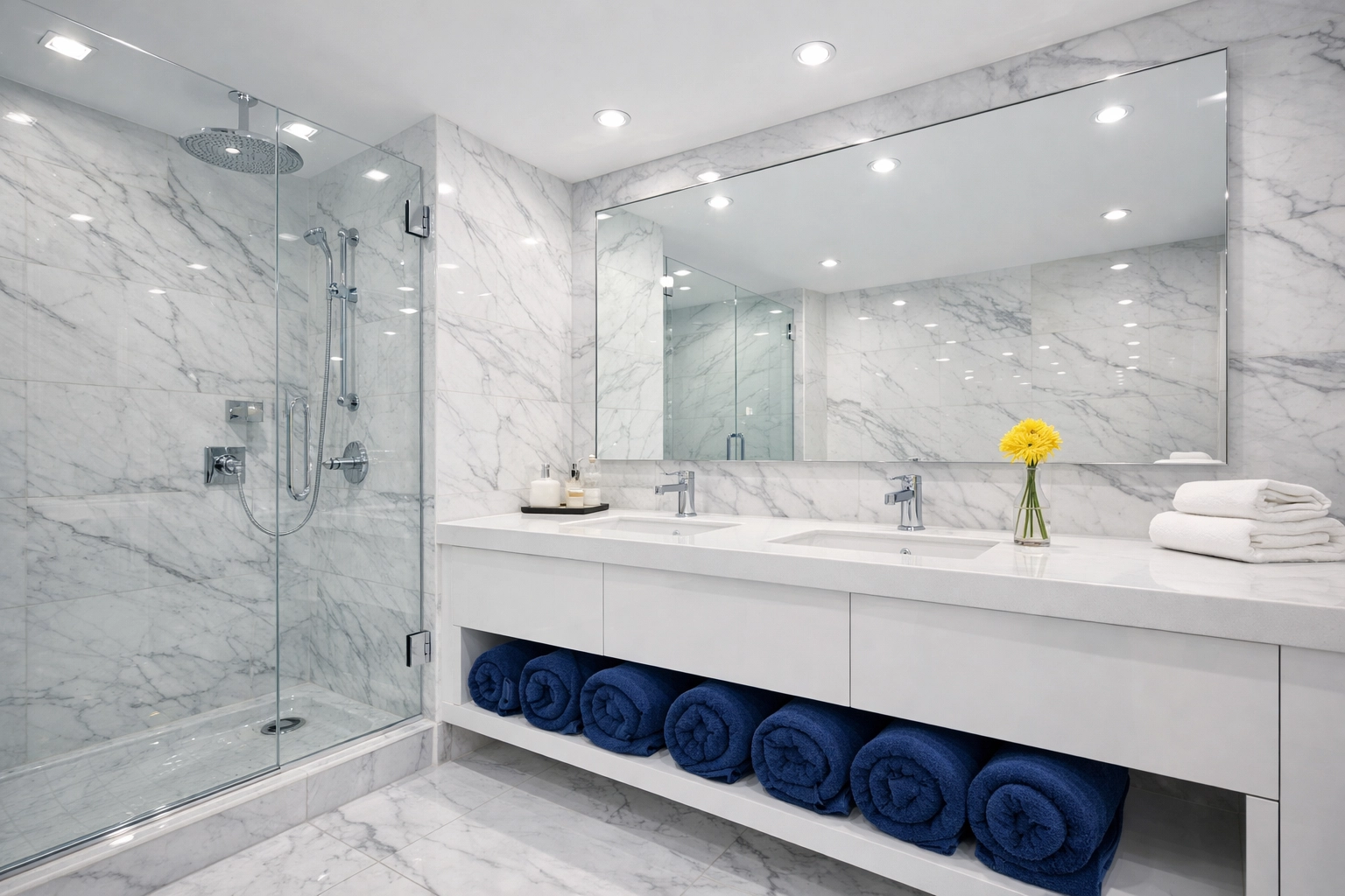 Glistening marble bathroom and vanity cleaned by professional cleaners Boston MA for a move-out.