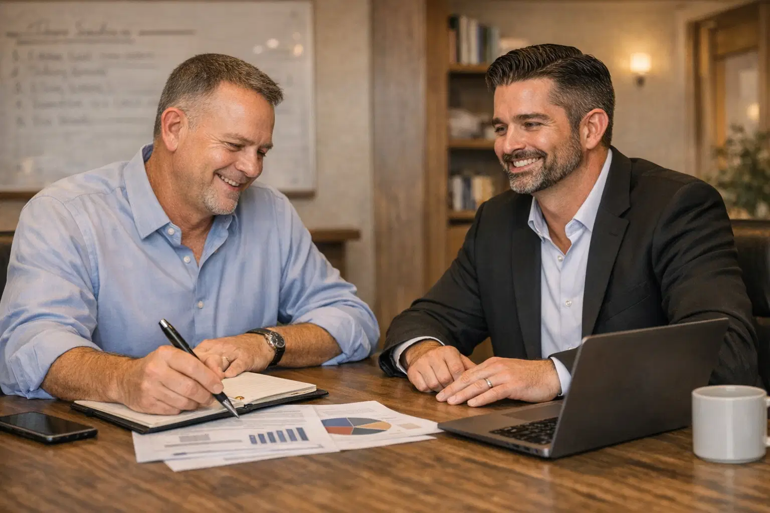 Two professionals sit at a table in a mentorship session focused on business strategy.