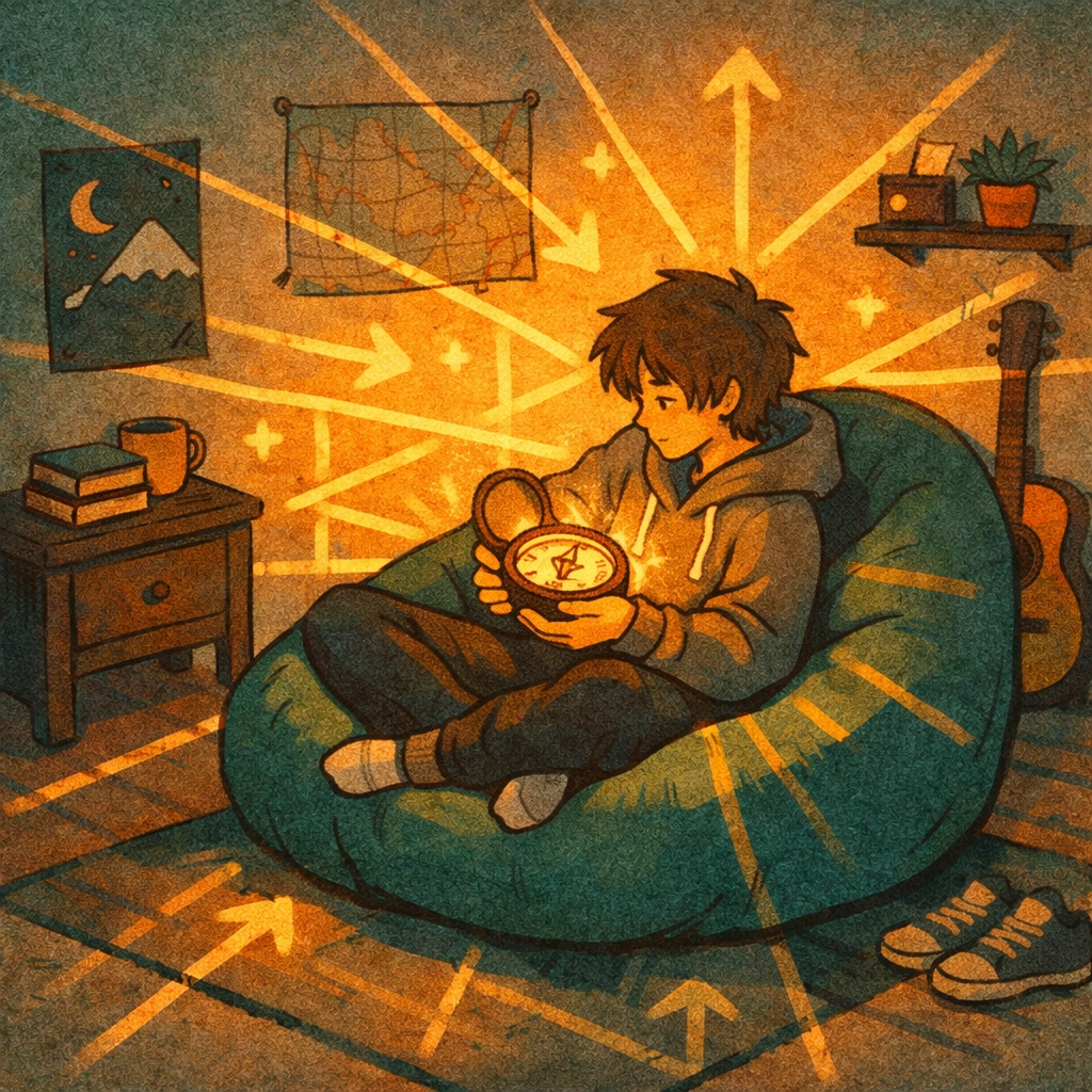 A teen holding a glowing compass in a cozy room, symbolizing finding direction through adolescent therapy.