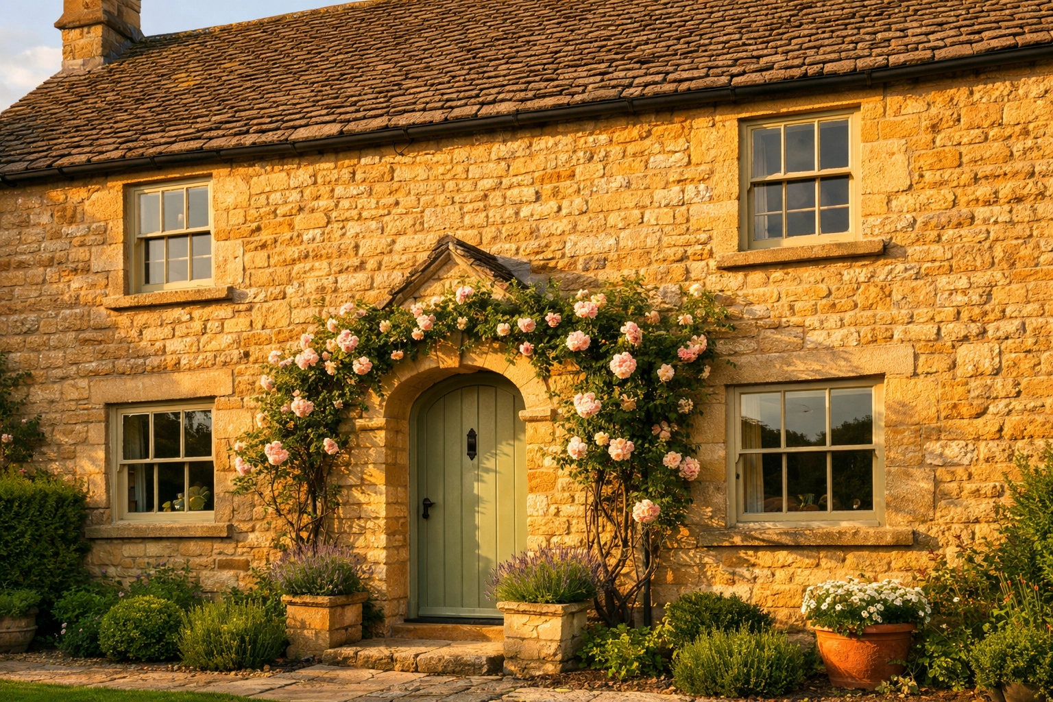 Cotswold stone cottage with honey-colored limestone walls and original sash windows
