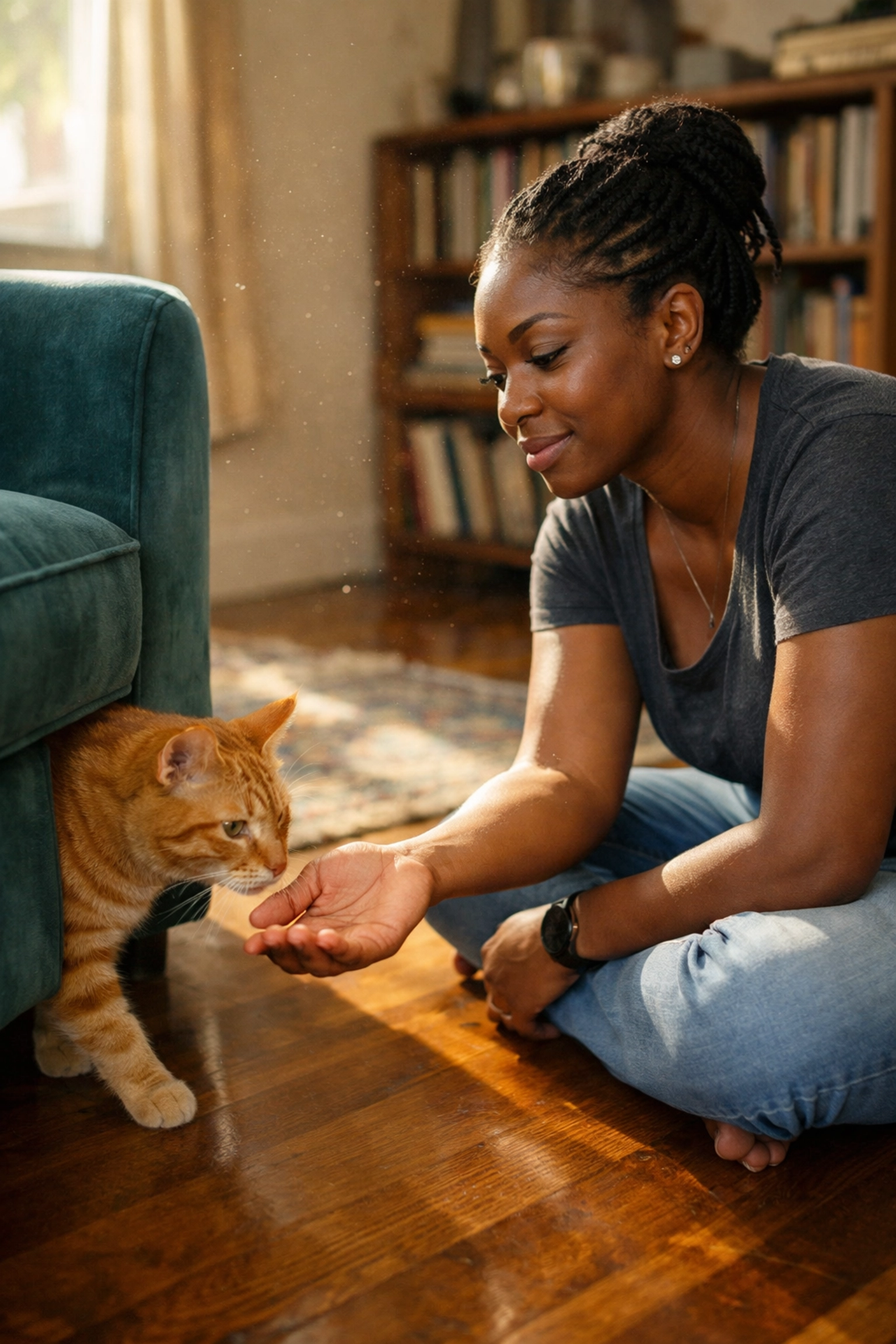 Professional Oakland cat sitter sitting on a hardwood floor while gently greeting a curious ginger cat.
