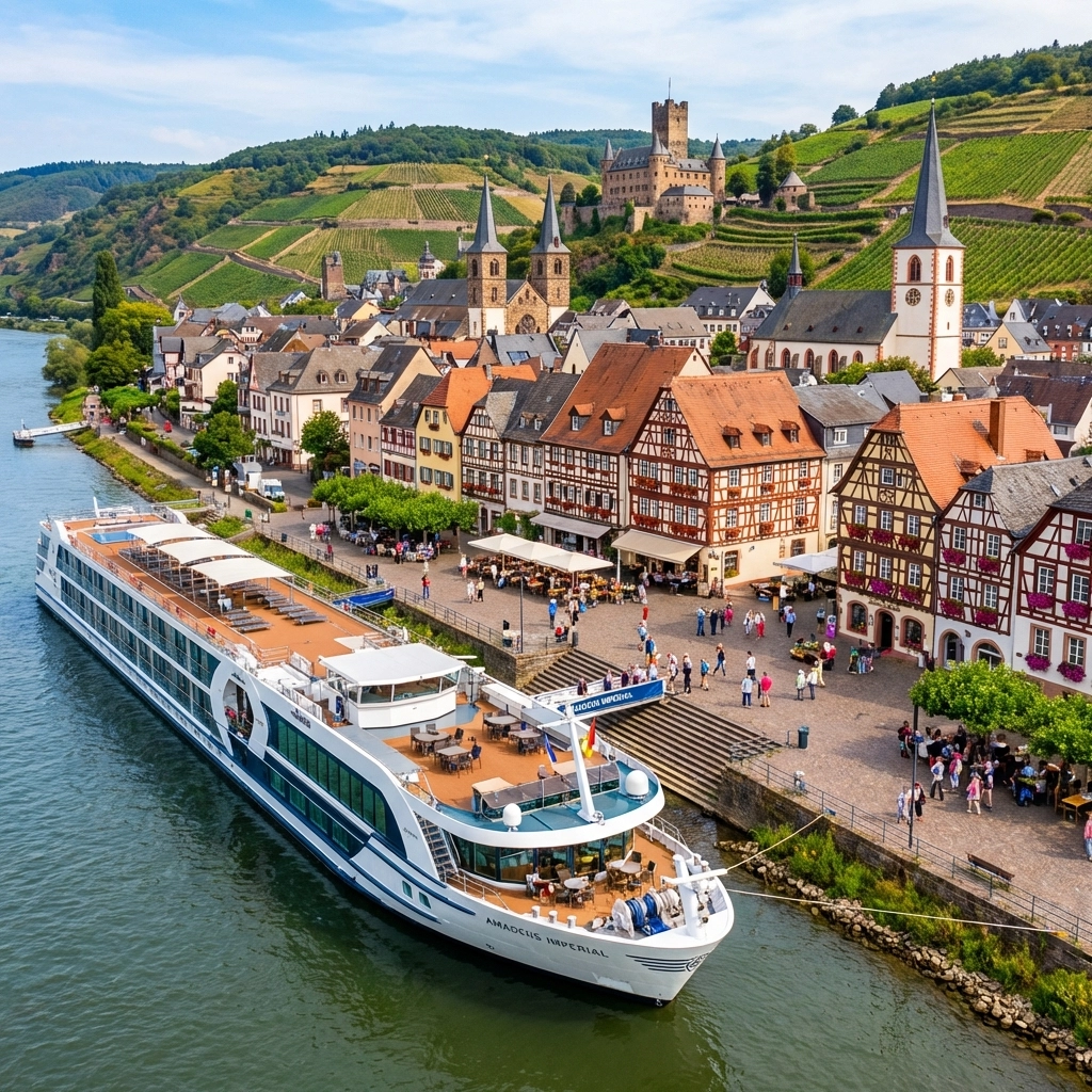 Aerial view of a river cruise ship docked in a picturesque Rhine village, surrounded by historic houses and vibrant scenery, emphasizing unique European cruise destinations.