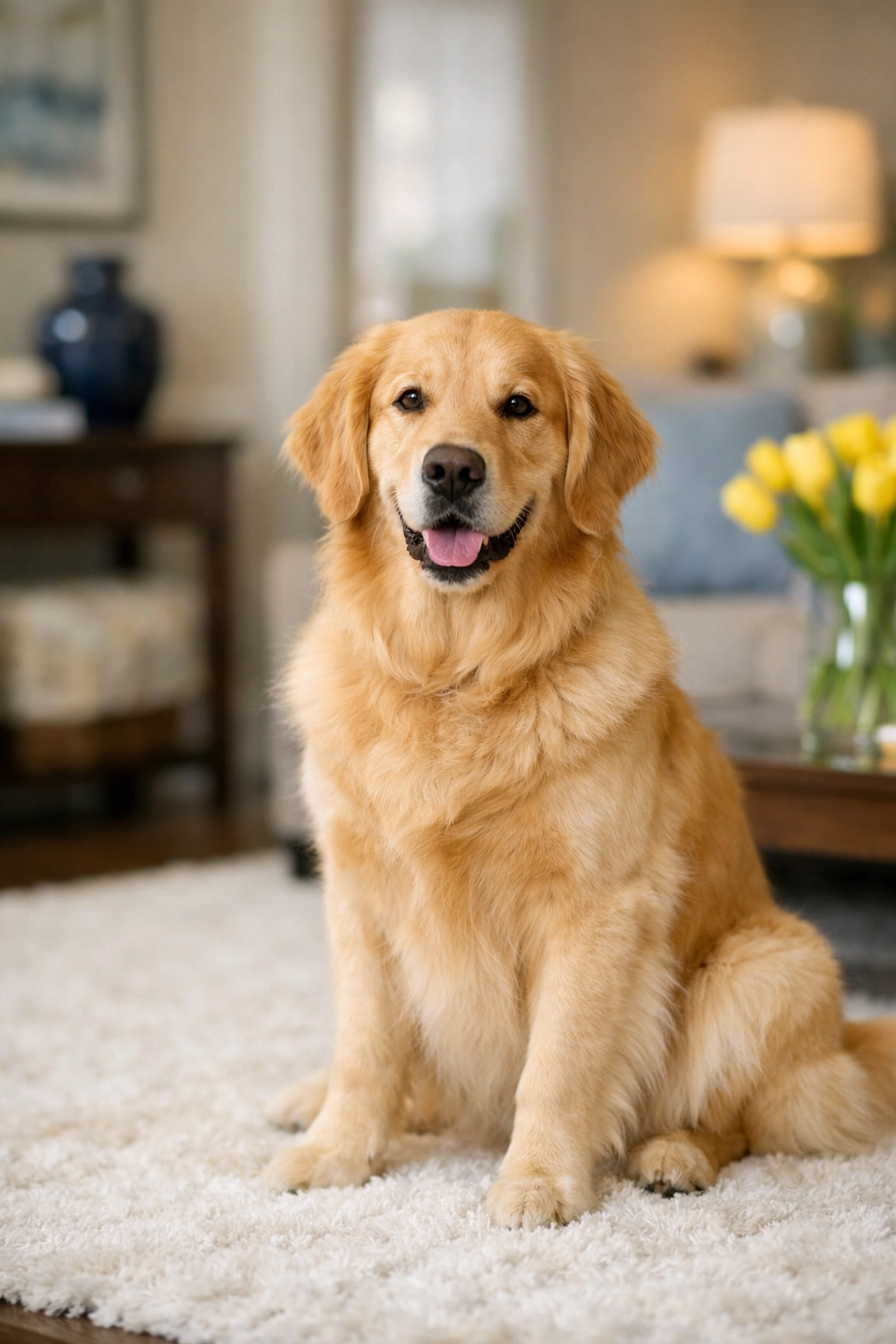 Golden Retriever sitting on a spotless area rug cleaned by a top maid service Worcester professional.
