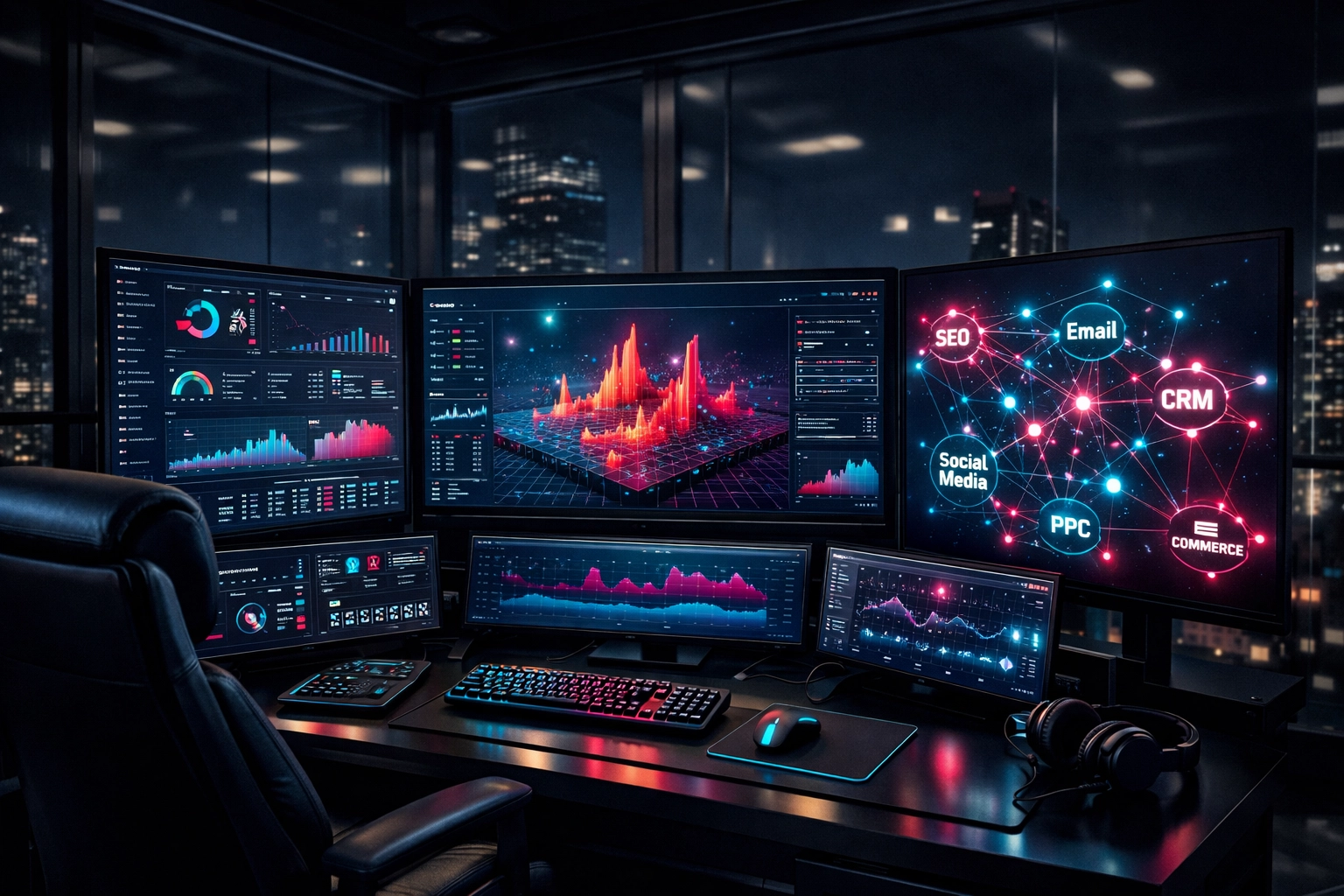 A high-tech digital marketing dashboard showing real-time AI analytics and automated lead generation data.