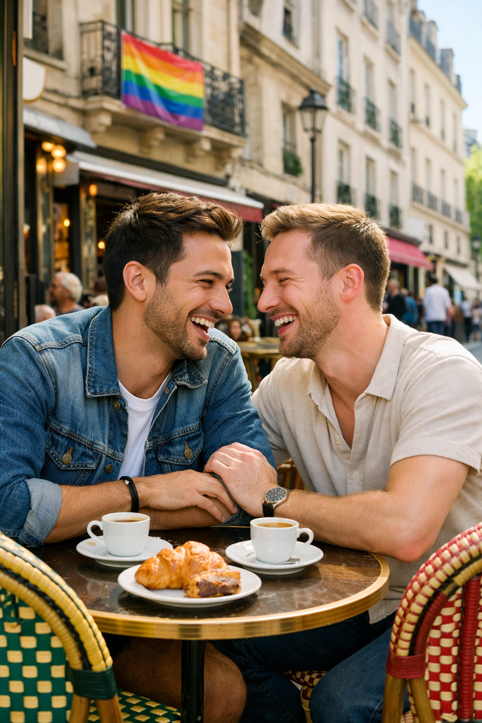 A happy gay couple at a Parisian cafe in the Marais, reflecting modern MM romance books.