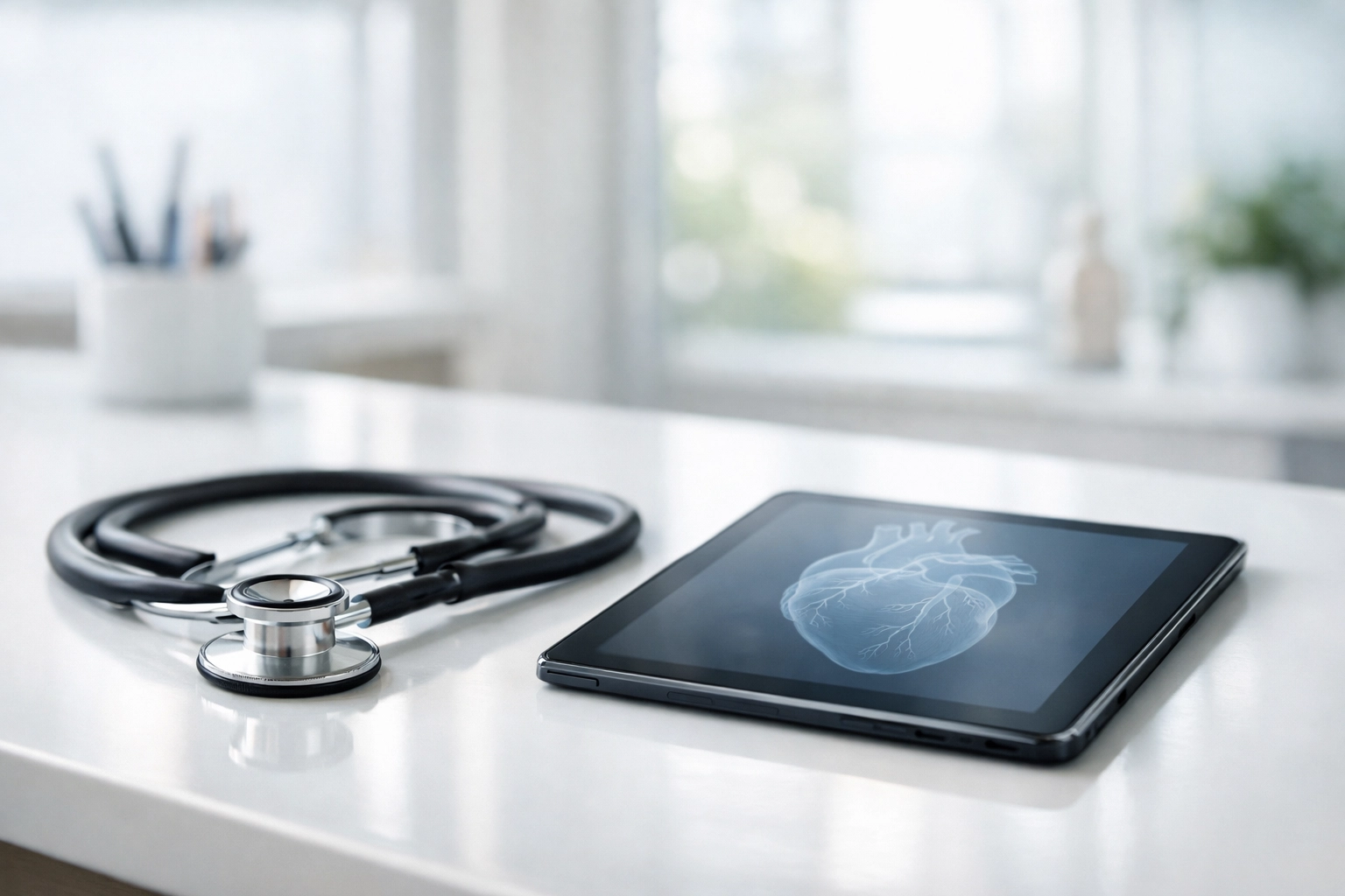 Stethoscope and heart health diagram on a medical desk for consulting a doctor about NMN 300mg and arginine supplements.