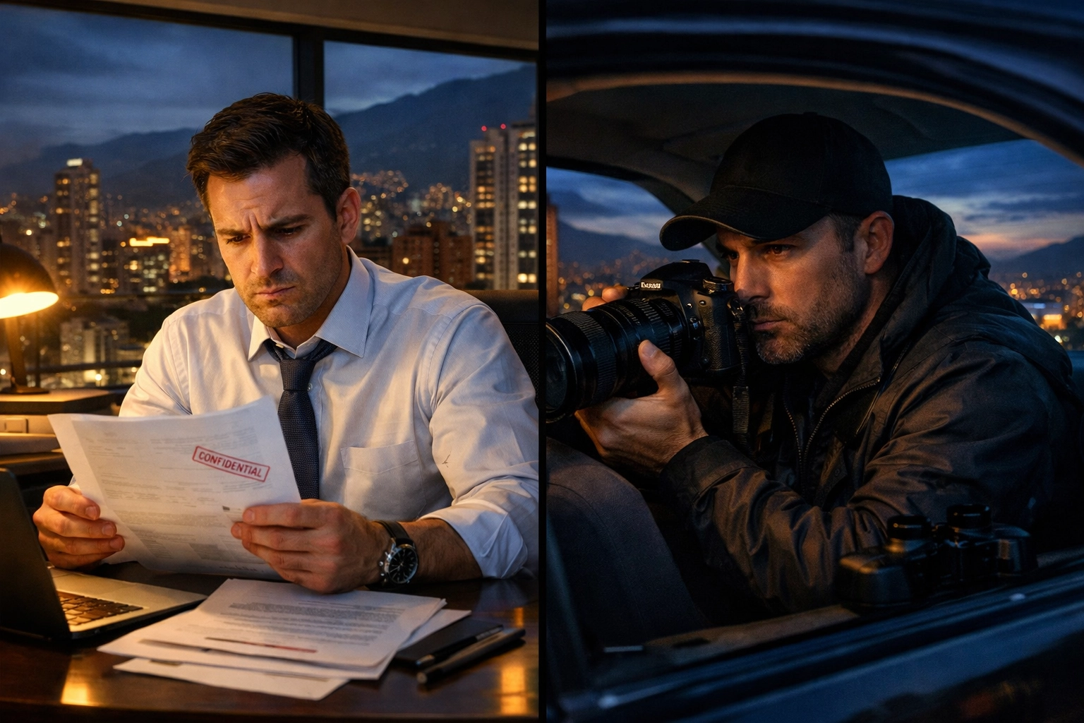 Private investigator conducting surveillance in Medellin for business case investigation
