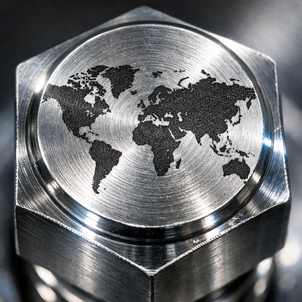 Microscopic world map precision engraved on a stainless steel hex bolt head showing fiber laser detail.