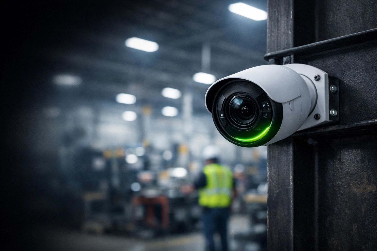 Professional 4K security camera mounted in a Midwest warehouse for license-free physical security.